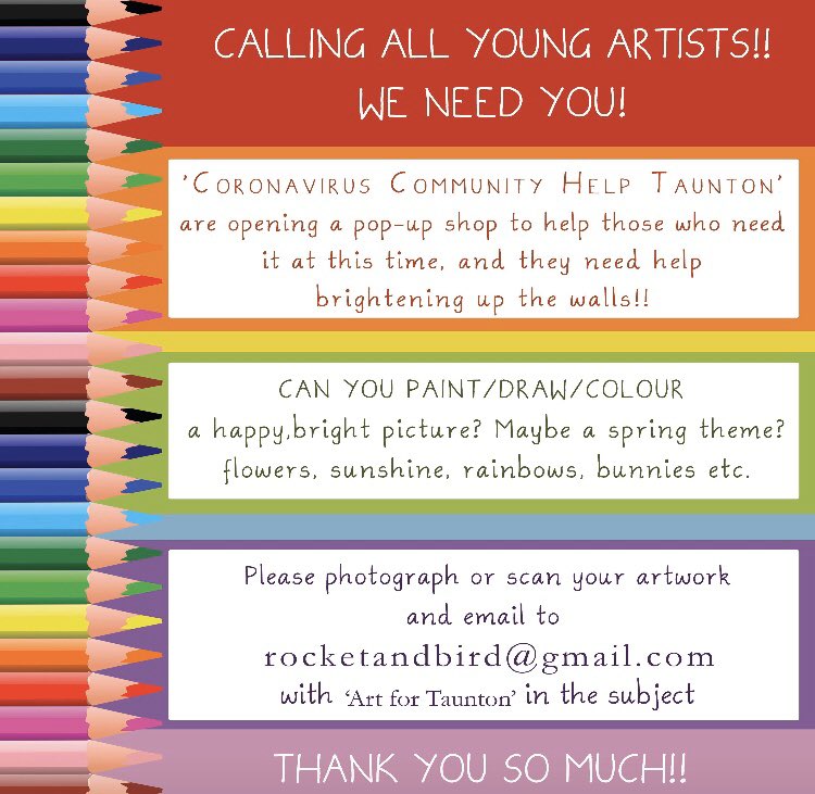 RocketandBird's tweet photo. Hi @TauntonHour please help us spread the word! We’re looking for artworks from budding young artists to help brighten up the walls of a new pop up shop 🌈🐝🌟
#tauntonhour #coronacommunity https://t.co/lxdz0ruZrn