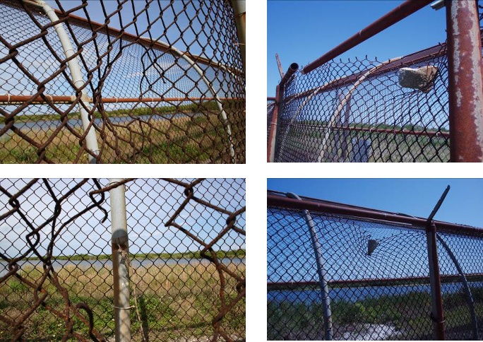 8/ Some more examples of chunks of concrete being ripped out of the flame trench by the rocket exhaust gas, blasting into the fence about 1 km away. Sometimes the boulder was still stuck in the fence. This was not a good place to watch a launch from!