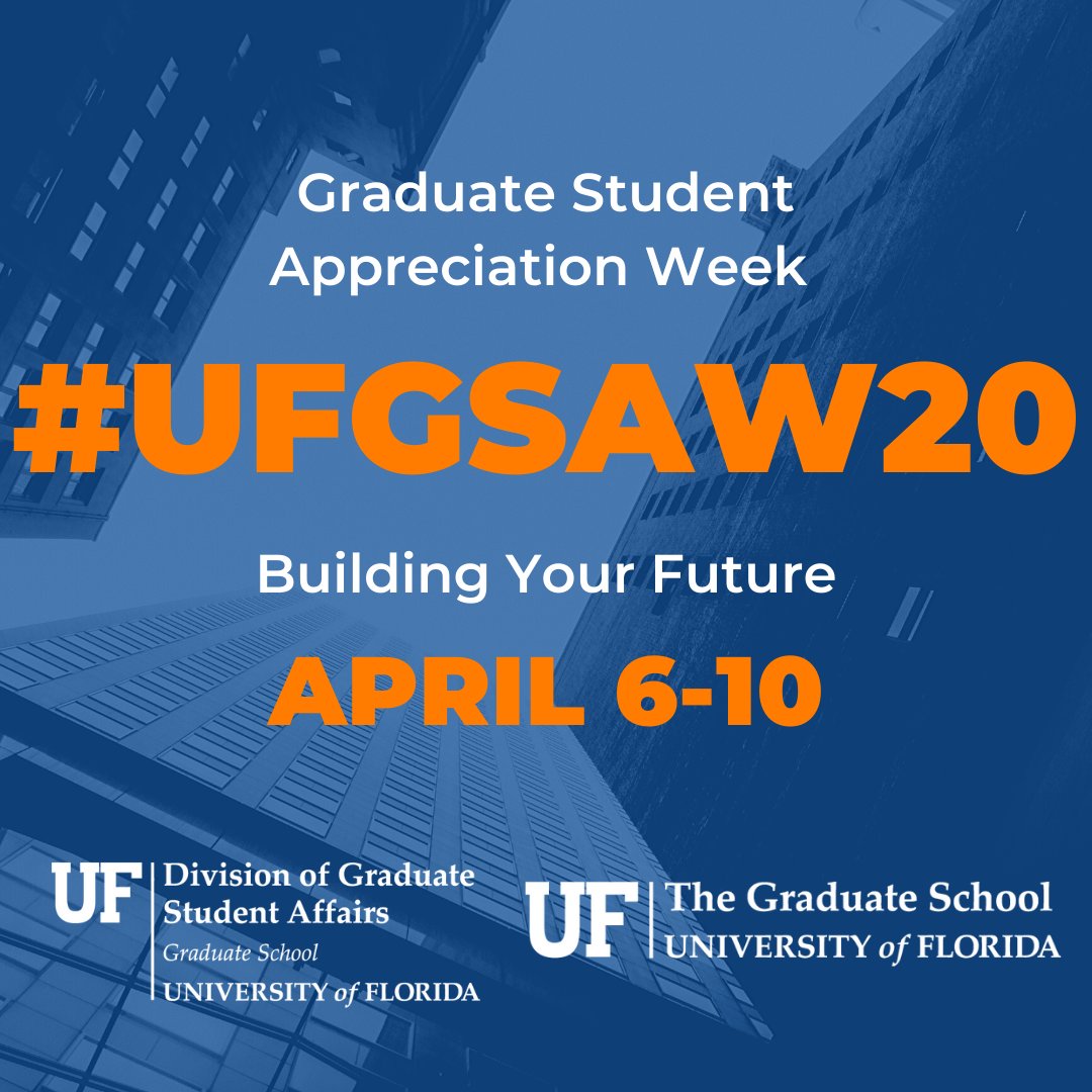 GSAW 2020: Graduate Student Appreciation Week (April 6-10) moves online this year with plenty of virtual chat, games, movies, and music! For the weeklong schedule, click this link: lists.ufl.edu/cgi-bin/wa?A2=…