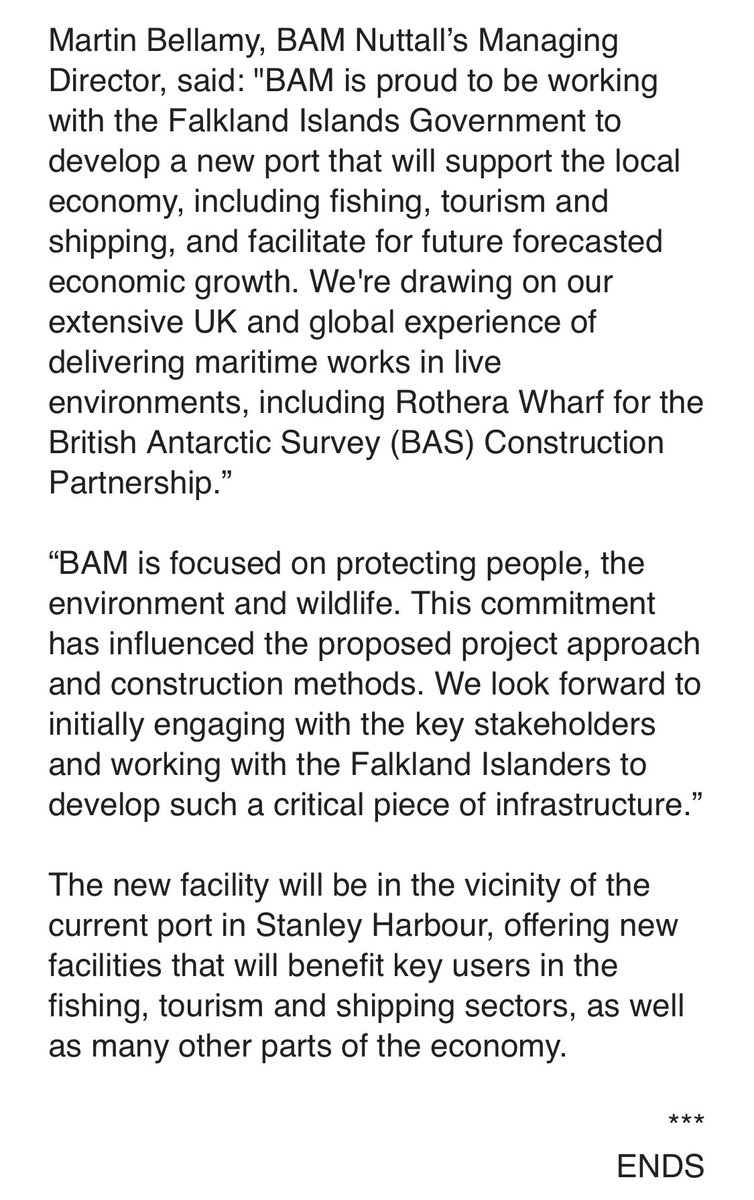 FalklandsinUK's tweet photo. The #FalklandIslands Government is pleased to announce that it has completed and signed a contract with @BAMNuttall  for the design and build of a new port for the #Falklands in Stanley Harbour. https://t.co/t1ezy6D41E