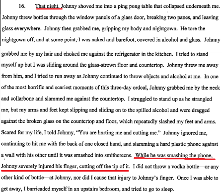 Inconsistency: Amber Heard says that Johnny Depp cut off his finger when mashing a phone, Raquel says Johnny told her he sliced it off with a piece of glass. No mention of a phone, ping pong table, nightgown or strangling in her recollection of Amber's version either.