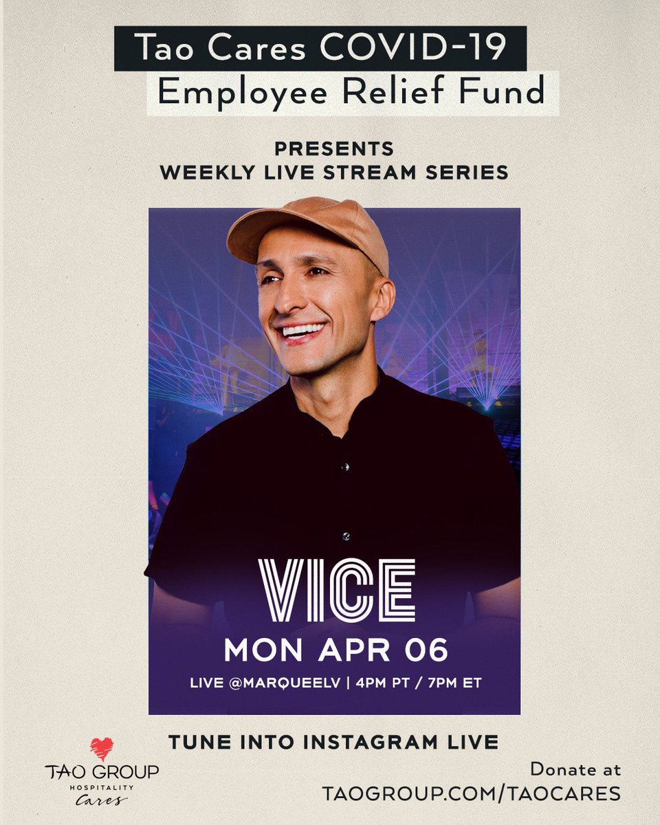 HighlightRoom's tweet photo. Tune in @marqueelv TONIGHT April 6th 4pm PT/7pm ET w/ @djvice for the launch of a special weekly livestream series featuring @taogroup residents &amp; friends benefitting #taocares #COVID19 Employee #ReliefFund! To donate and for more information, visit https://t.co/AiJS0sGLEm https://t.co/W5Is6OVC6p