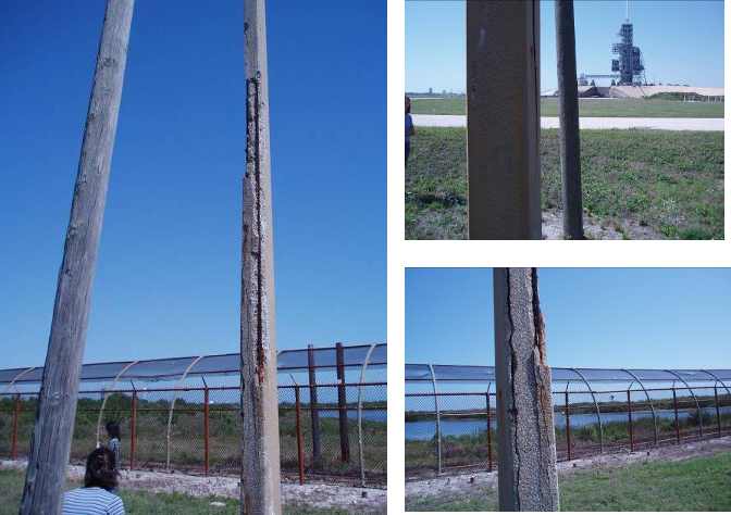 10/ It wasn't just the perimeter fence that got damaged. Here is a concrete light pole that was shattered by a boulder-strike. Notice the sacrificial wooden pole that was supposed to protect it. Bad luck: the boulder barely missed the wooden pole and still hit the concrete one.