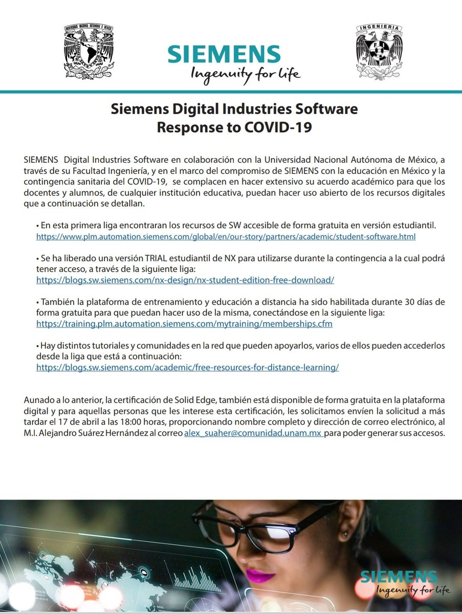 FIUNAM_MX's tweet photo. @Siemens @Siemens_Mexico a través de la Facultad de Ingeniería @UNAM_MX, abre recursos digitales para encontrar soluciones ante #Covid19 #SoftwareLibre 
➡️Certificación #SolidEdge 
 https://t.co/N5a7QJ3BrD https://t.co/GX7pERotHx