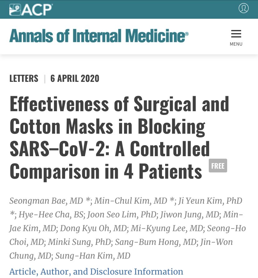 Extremely timely mask  studyEffectiveness of Surgical and Cotton Masks in Blocking SARS–CoV-2: A Controlled Comparison in 4 PatientsNeither surgical nor cotton masks effectively filtered SARS–CoV-2 during coughs by infected patients https://bit.ly/2JLFoc1 