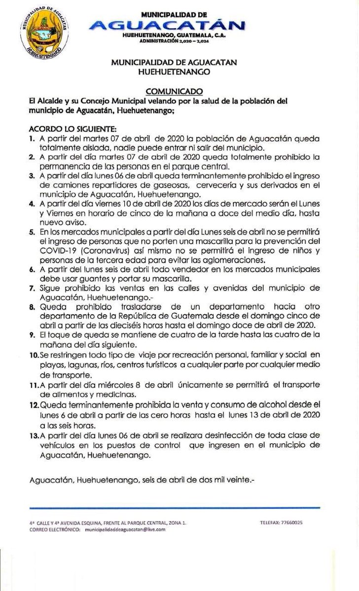 ElCuartoPodergt's tweet photo. #QuedateEnCada | Estas son las nuevas medidas que han aprobado las autoridades municipales de Aguacatá #Huehuetenango , con el fin de evitar el contagio del #COVID19gt #coronavirus https://t.co/Yx2z2RvKiO