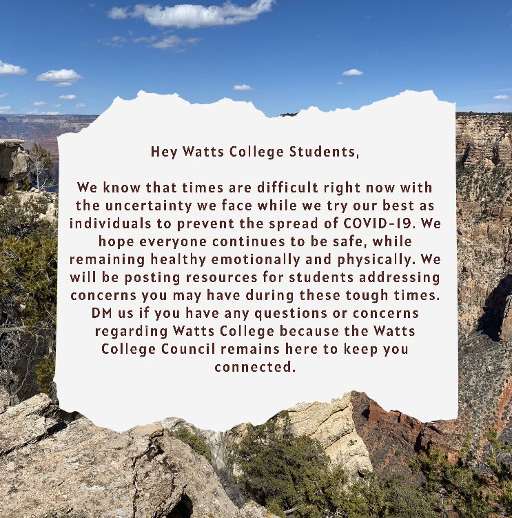 WattsCouncil's tweet photo. Stay at home, but don’t forget to stay connected. The Watts College Council is still working on ways to keep students in the Watts College of ASU engaged and we are committed to helping make sure you are seen and your voice is heard. https://t.co/4MU6Vn3CM0