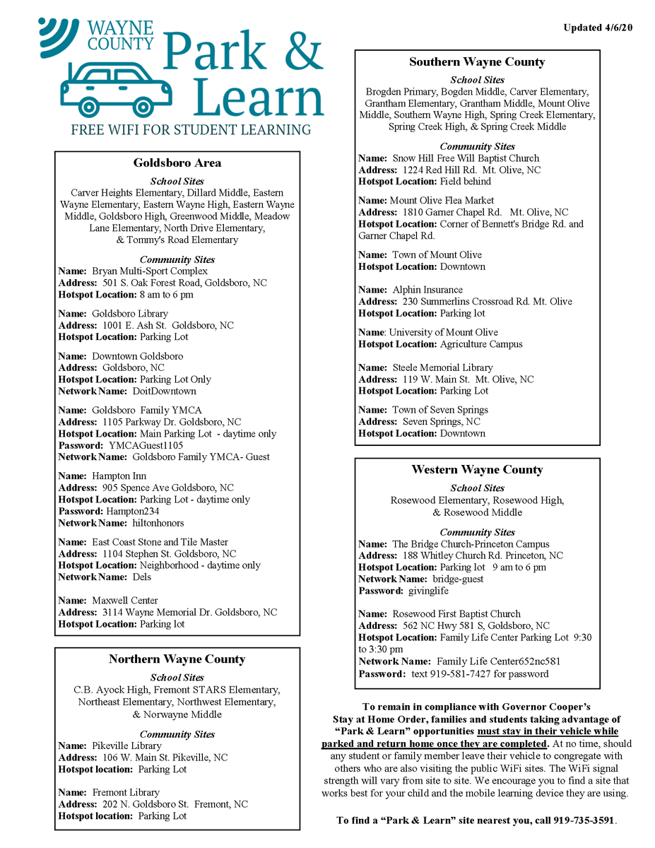 WayneCountyPS's tweet photo. Do you or your family lack reliable Internet at home? This week, we launched a “Park &amp; Learn” initiative with @UNITEDWAYNENC!

Families who cannot access a copy of the list can call 919-735-3591 to help find a Park &amp; Learn location nearest them. https://t.co/zgtz0LcaLf