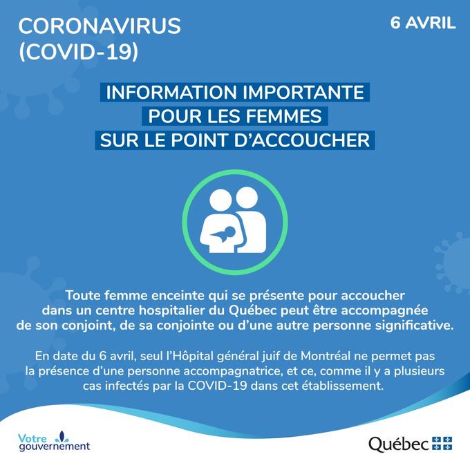 #COVID19 🤝 #onseprotege 
📚 Nouveau programme au #Québec pour maintien en emploi, via diverses projets de formation. 

🤱NOTE : Québécoises peuvent être accompagnées par 1 personne à l’accouchement. Excepté Hopital général juif de #Montreal qui traite malades de la Covid-19.
