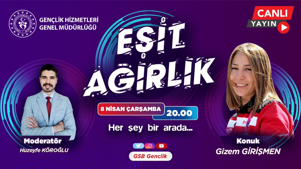 #EşitAğırlık artık her hafta 2 ayrı konuk ile evlerinize misafir oluyor. 

Twitter ve YouTube kanalımızdan canlı yayınlanan #EşitAğırlık’ın bu hafta ilk konuğu, Dünya ve Paralimpik Şampiyonumuz Gizem Girişmen!🏹

⏰ 8 Nisan Çarşamba günü saat 20.00👇
YouTube.com/gsbgenclik