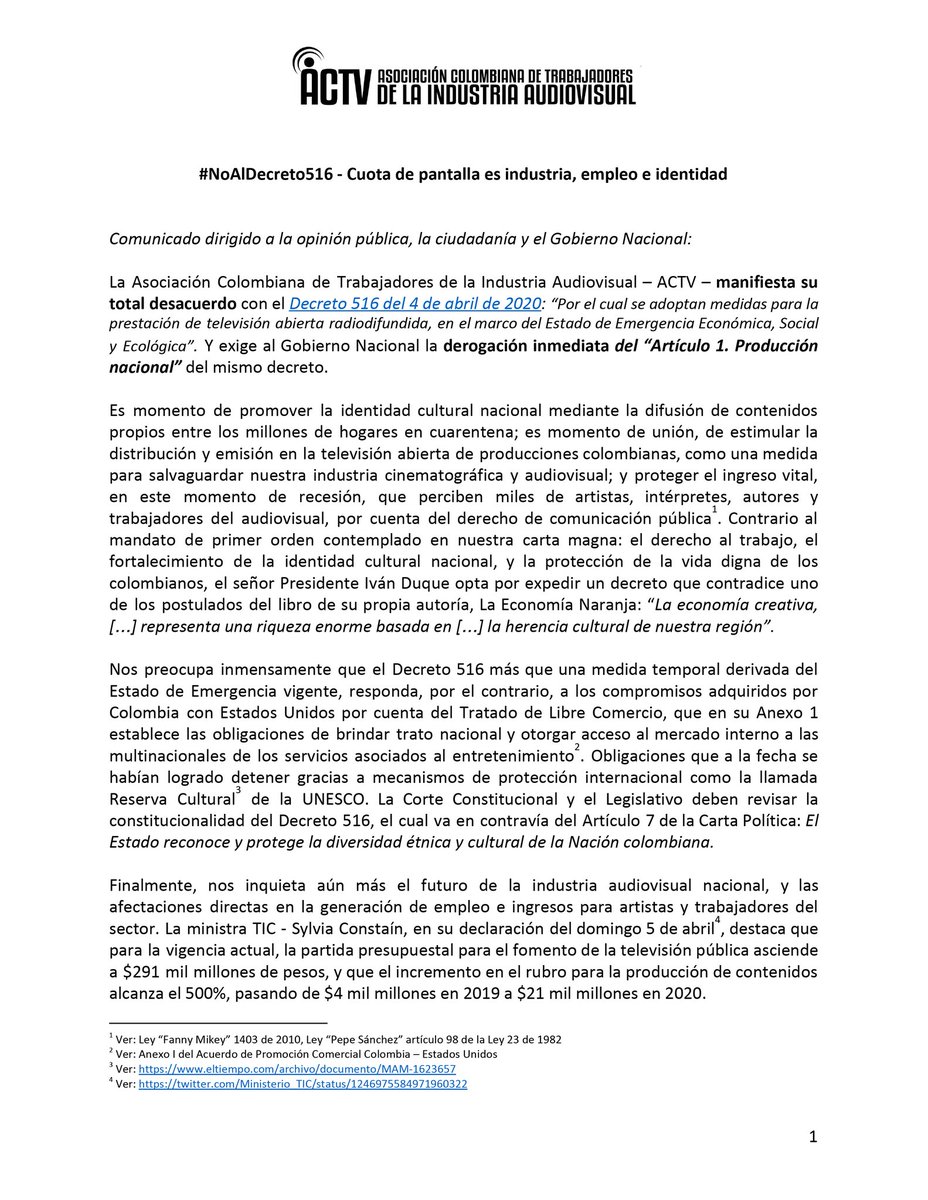 ACTVColombia's tweet photo. Atención Colombia Audiovisual: #NoAlDecreto516 Comunicado de la ACTV. Es obligación constitucional de @IvanDuque @ConstainSylvia proponer políticas que beneficien a los trabajadores y empresarios del audiovisual nacional @actoresACA @redescritoresco  @RedMasNoticias @asocinde https://t.co/9qqWvyY4NP