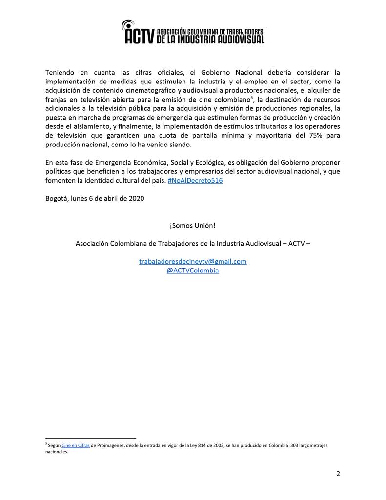 Atención Colombia Audiovisual: #NoAlDecreto516 Comunicado de la ACTV. Es obligación constitucional de <a href="/IvanDuque/">Iván Duque 🇨🇴</a> <a href="/ConstainSylvia/">Sylvia Constaín</a> proponer políticas que beneficien a los trabajadores y empresarios del audiovisual nacional <a href="/actoresACA/">Asociación Colombiana de Actores</a> <a href="/redescritoresco/">Red Colombiana de Escritores Audiovisuales-REDES S</a>  <a href="/RedMasNoticias/">Red+ Noticias</a> <a href="/asocinde/">ASOCINDE</a>