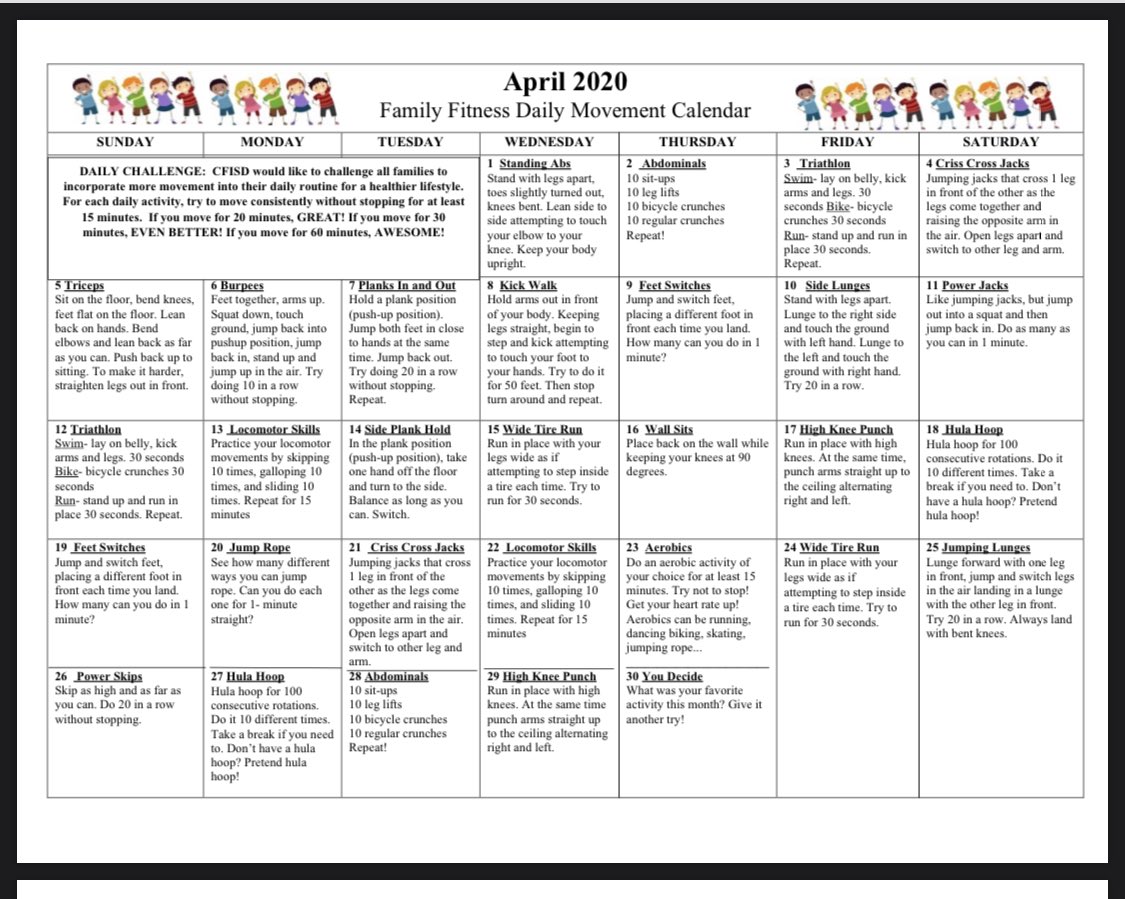 FallsPe's tweet photo. Tired of watching TV?  Here’s some daily activities for you.  Share pics or vids of your activities!  #familyfitness https://t.co/Bsi725zjwO