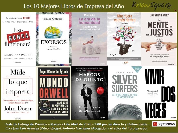 Estos son los 10 libros finalistas  de la IX edición de #PremiosKnowSquare. La entrega de premios será el martes 21 de abril a las 19h y se podrá seguir en directo a través de <a href="/agoranews/">AGORA NEWS</a>