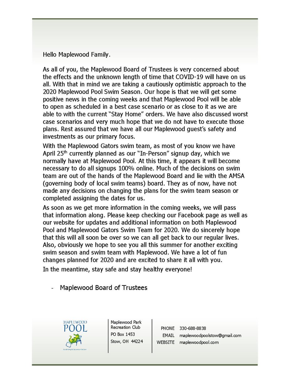 IMPORTANT UPDATE FROM MAPLEWOOD BOARD OF TRUSTEES REGARDING 2020 SWIM SEASON AND GATORS SWIM TEAM.