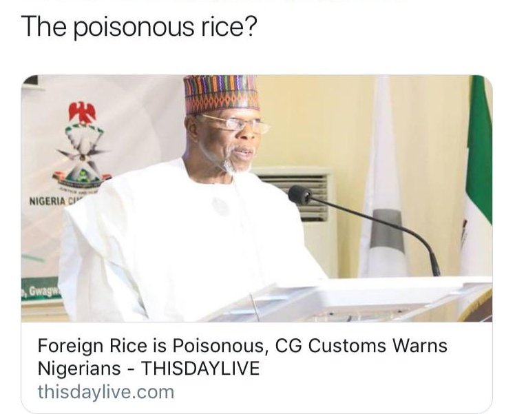 AbdulwaliTahir's tweet photo. President @MBuhari ordered the distribution of 150 trucks of rice seized by @CustomsNG to the 36 States of the Country. Do we remember the time @CustomsNG boss #HamidAli once said:"Foreign is poisonous". What a shame!. @MBuhari's Gov't is clueless &amp; confused. https://t.co/K3nVQ8m4WQ