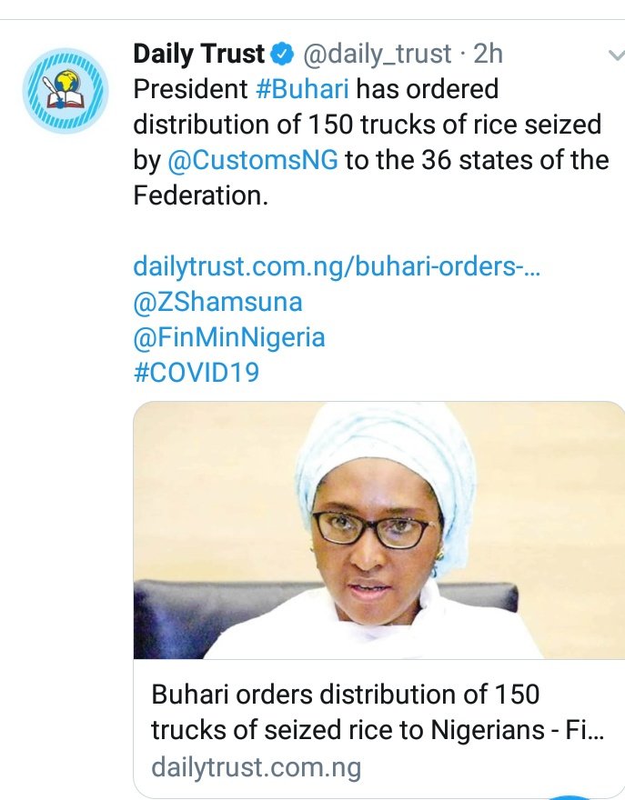 AbdulwaliTahir's tweet photo. President @MBuhari ordered the distribution of 150 trucks of rice seized by @CustomsNG to the 36 States of the Country. Do we remember the time @CustomsNG boss #HamidAli once said:"Foreign is poisonous". What a shame!. @MBuhari's Gov't is clueless &amp; confused. https://t.co/K3nVQ8m4WQ