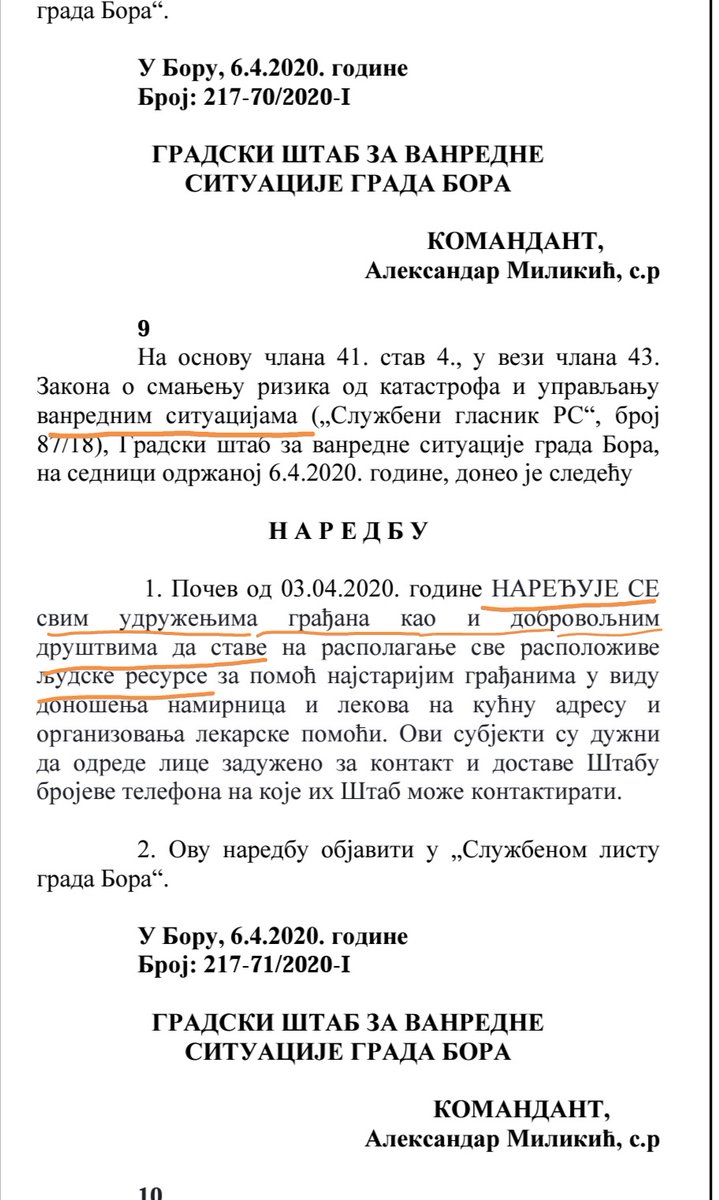 Ljudi, ovo je bitno. Počeli su na lokalu da donose naredbe kojima uvode prinudni rad. Osim toga što se naredbe donose na osnovu vanredne situacije koja nije ni proglašena (van stanje) prinudni rad je zabranjen i u vanrednom stanju.