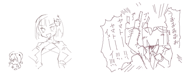 数日前に半蔵さんの立てた絵チャ部屋で描いたラクガキ達
1枚目の左のヤマト&さとは半蔵さんです。
他にもありますが自分が関係してるのはこれぐらいですw 