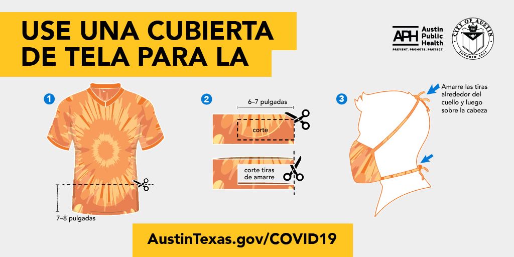 AustinISD's tweet photo. . @AusPublicHealth: El Condado de Travis Recomienda usar cubiertas faciales de tela al realizar actividades esenciales o travajar fuera de casa para ayudar a prevenir la propagación del virus con los pacientes asintomáticos 
# COVID19.

Leer más: https://t.co/A0LnHwIoPK https://t.co/mi9tUaEpik
