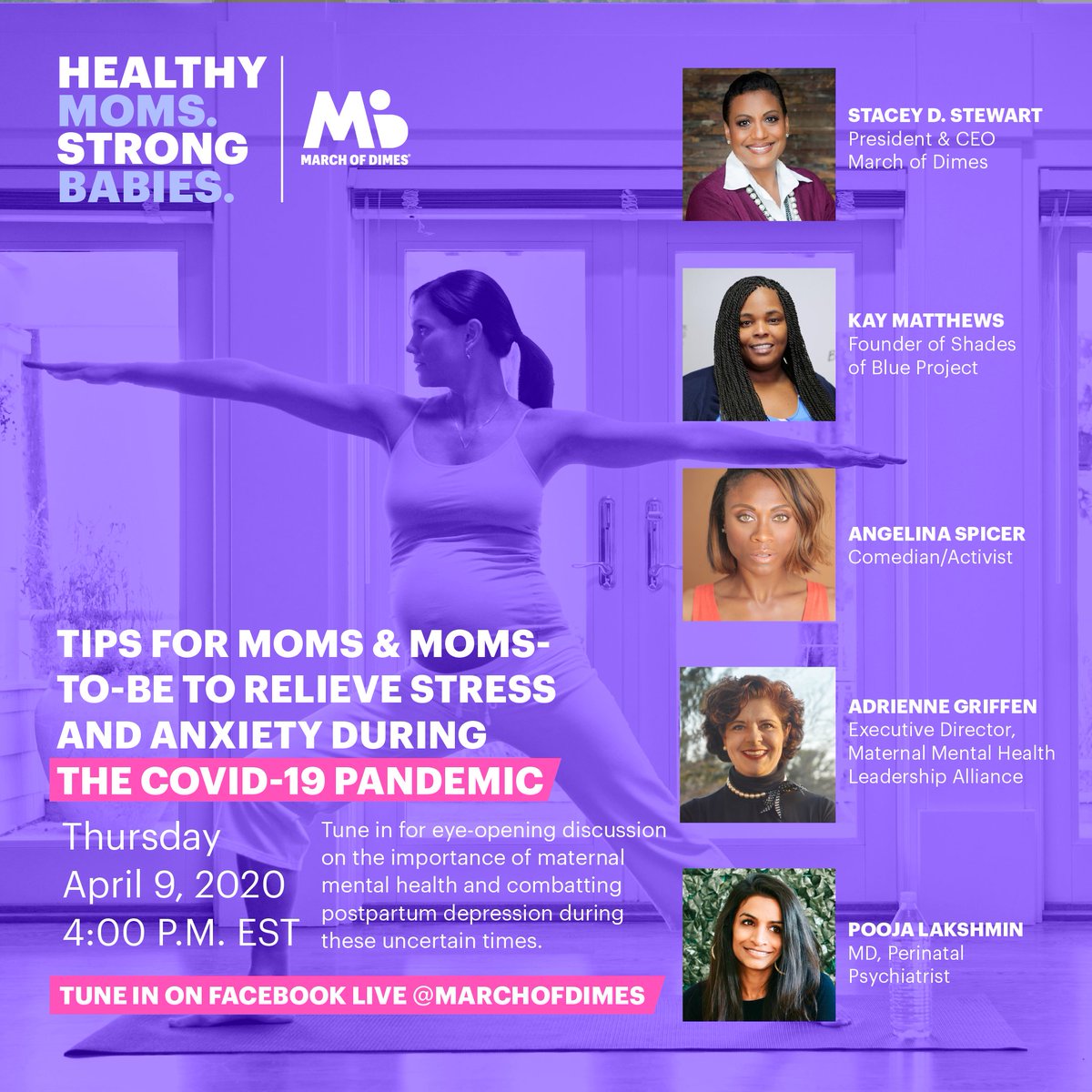 Join @MarchofDimesCEO on Thursday, April 9 at 4 PM EST over on Facebook Live for an expert panel discussion on the importance of maternal #mentalhealth and combatting #postpartumdepression during the #COVID19 pandemic. <a href="/AngelinaSpicer/">Angelina Spicer</a> <a href="/PoojaLakshmin/">Pooja Lakshmin MD</a> <a href="/shadesofblueprj/">Shades of Blue</a> <a href="/MMHLA2/">Maternal Mental Health Leadership Alliance (MMHLA)</a>