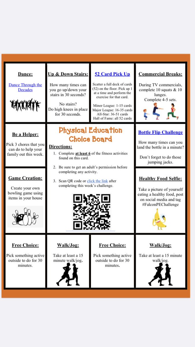 Happy Monday #FalconNation!  New week means a new #FalconPE choice board. Check out our new activities and don’t forget to tag those healthy food choices with #FalconPEChallenge!! <a href="/CoachHoutz/">Mrs. Houtz</a> <a href="/CoachEdwards6/">Coach Edwards</a> <a href="/stefwebber/">Mrs. Stef Webber</a> <a href="/CoachStum/">Coach Stum</a> <a href="/coachkemmlein/">Craig Kemmlein</a>