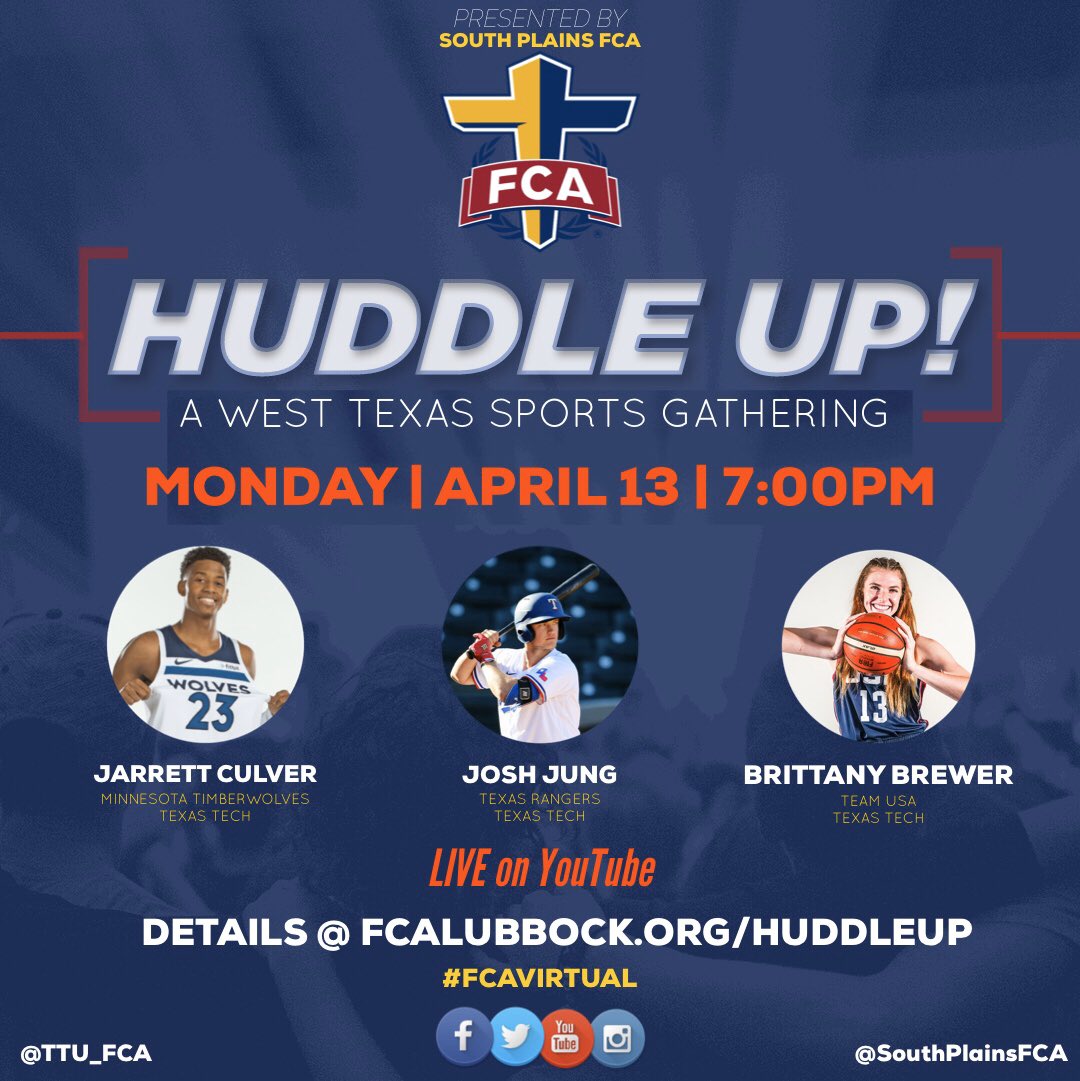 SouthPlainsFCA's tweet photo. 🚨NEXT MONDAY🚨
We are very excited to release this local version of #HuddleUp: A West Texas #FCAvirtual sports gathering featuring special guests @jarrettc08, @josh6jung, and @lilbrewsie. https://t.co/b31BPMS7t9