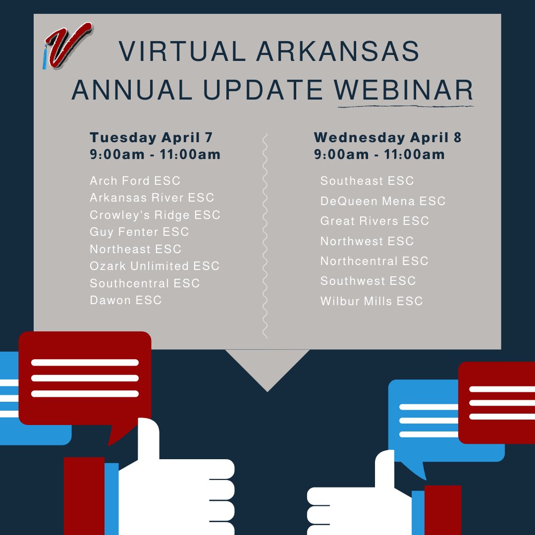 VirtualArkansas's tweet photo. Check the Virtual Arkansas Newsletter that was sent via email to Register for the Annual Update regarding 20-21 academic year. If you didn't receive the registration link through the VA newsletter, email amanda.rauls@virtualarkansas.org to request one. #virtualarkansas #VA4AllAR https://t.co/dKM7cc0yJk