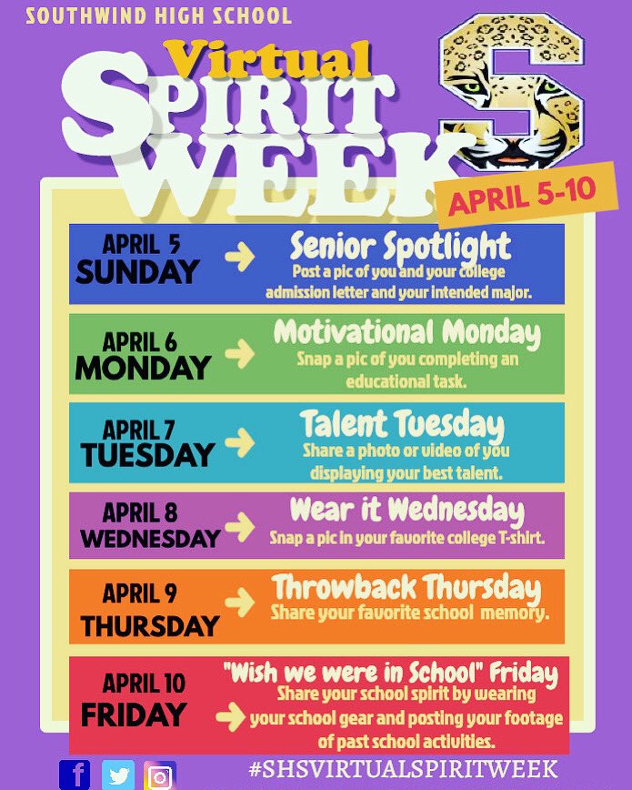 SouthwindHS's tweet image. #JagNation, don’t forget that this is our virtual week. What educational tasks are you taking on today. Post a pick for #MotivationalMonday. #shsvirtualspiritweek #tunedin #southwind #jagnation #shsagainstcorona