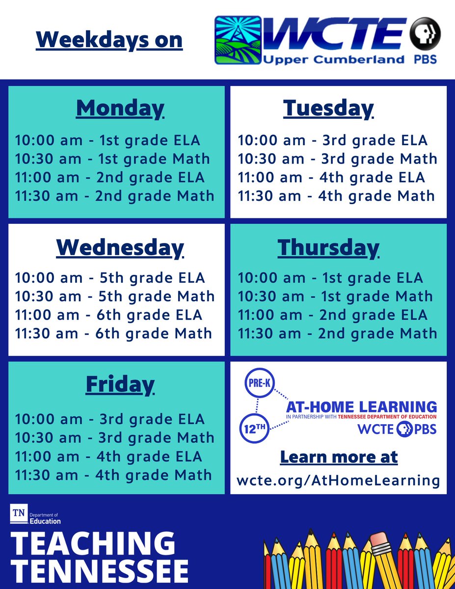 WCTE's tweet photo. Check out this schedule for WCTE's TN Dept of Ed Teaching Tennessee block of programming! Catch it weekdays on WCTE. Find more resources at https://t.co/eq84UVkTDG https://t.co/j4p1lfMd93