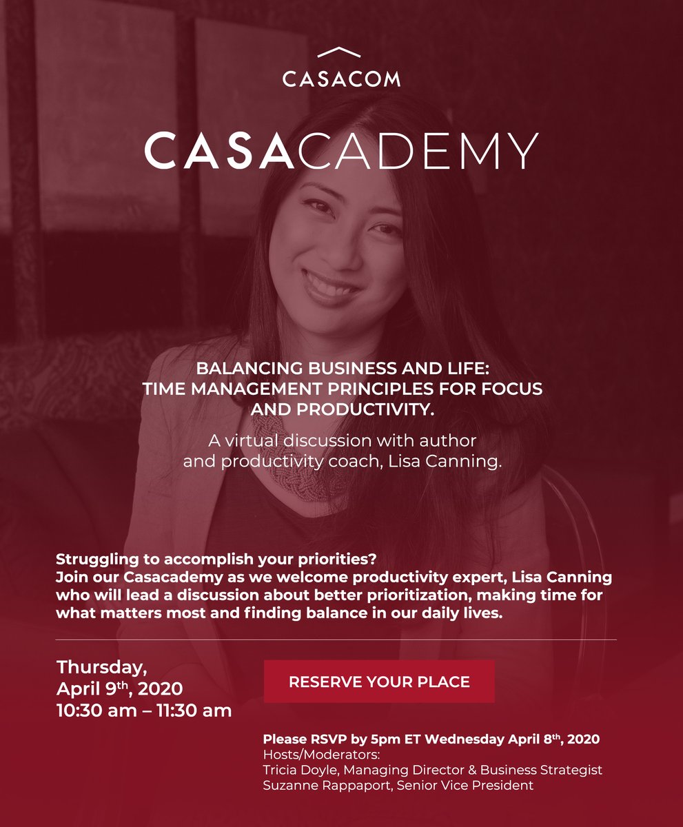 CASACOM_Toronto's tweet photo. We are thrilled to welcome @lisa_canning as our special guest speaker for our next CASACADEMY on Thursday. If you're looking to maximize you and your team's productivity, focus more, and better manage your priorities, this session is for you! Contact njavdan@casacom.ca to RSVP. https://t.co/uPCLwZSH6n