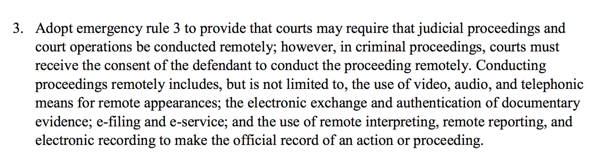 Rule #3. There's a proposal to change this language to relax need for defendants' consent & expand remote proceedings. New language would say “The court may conduct any criminal proceeding remotely” and consent would be required only for the waiver of the defendant’s appearance