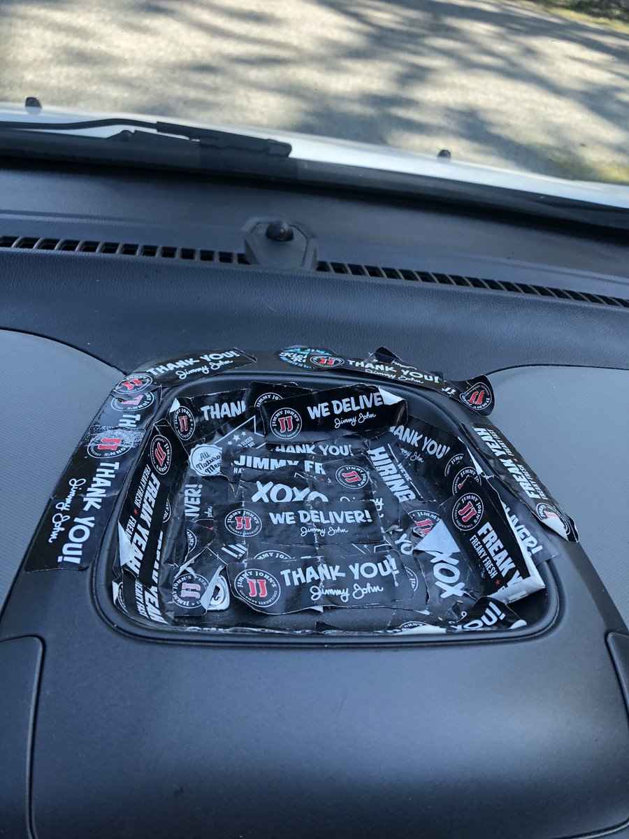 @jimmyjohns during my two years in college I would put the jimmy johns sticker on my dash every time I went to get a sandwich. It added up quickly. Time to clean my dash off, but it was a good ride! I tried to count and it was over 70 stickers just from when I drove...