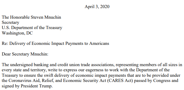 ConsumerBankers's tweet photo. CBA's joint trades letter addresses many questions associated with both #ACH & #PaperChecks that we hope @USTreasury will consider. #CARESAct #COVID19
Full letter: https://t.co/iGt14TyZBE https://t.co/IgsB5p75ue
