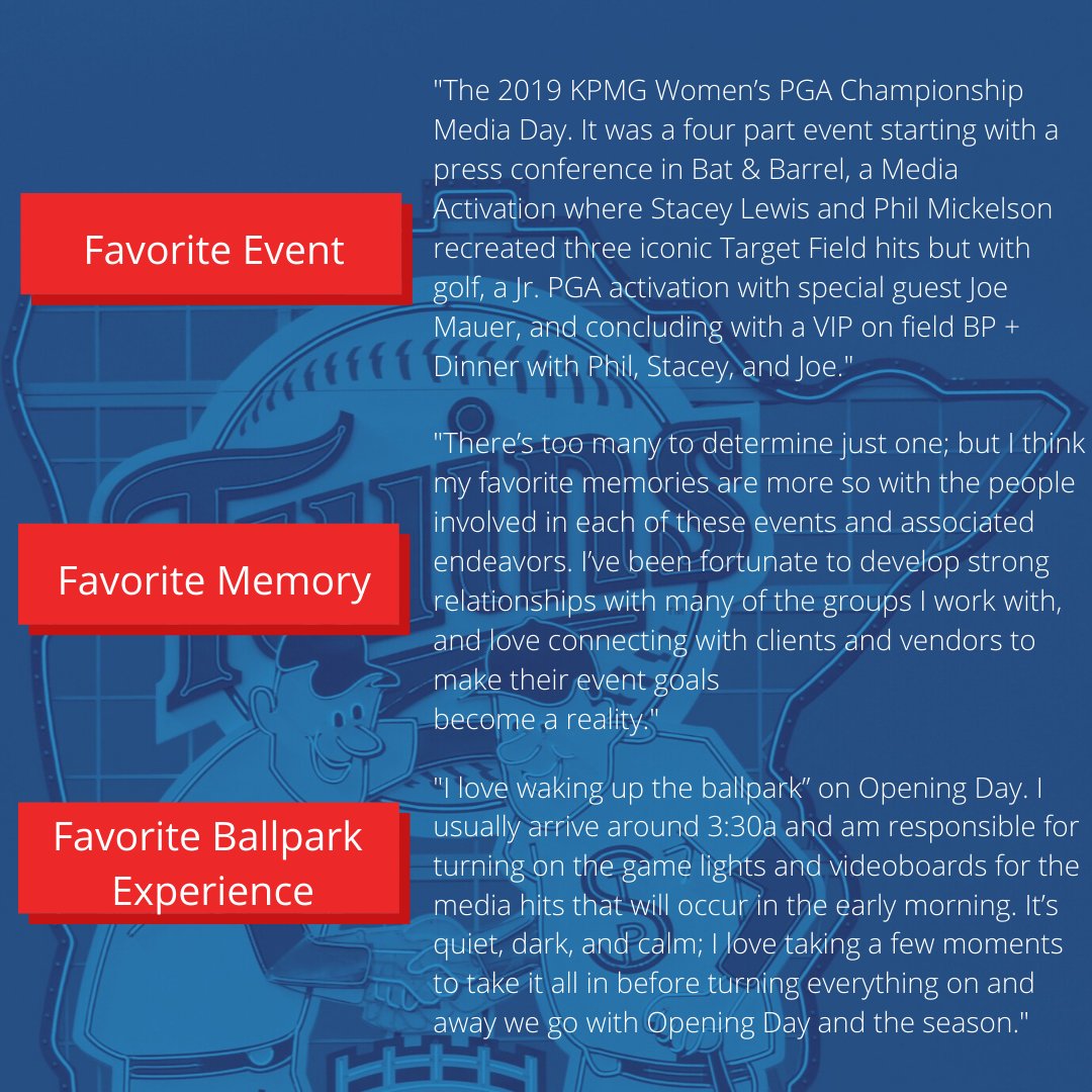 TargetFieldEVNT's tweet photo. Meet Quinn, the Event Manager here at #TFEvents entering her 6th season with the #MNTwins! From waking up the ballpark on Opening Day to hosting Final Four brunches, Quinn loves being at #TargetField and is a driving force behind our team! #MeetTheTeamMonday https://t.co/naYgbEr7w9