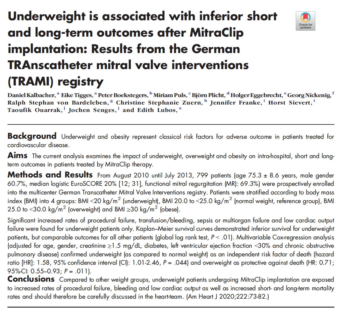 AmericanHeartJ's tweet photo. Underweight is associated with inferior short and long-term outcomes after MitraClip implantation: Results from the German TRAnscatheter mitral valve interventions (TRAMI) registry. https://t.co/axYIhX8fLD https://t.co/uHzndUuQB3