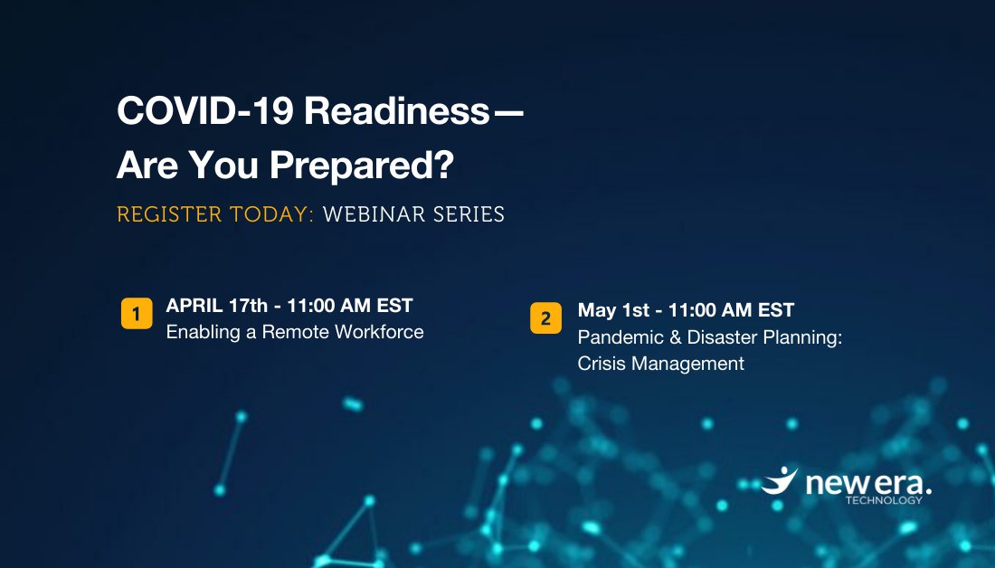 NewEraTech_US's tweet photo. Join us on April 17th for part one of our upcoming webinar series. Learn how you can enable a remote workforce online quickly and efficiently! Register today at 
https://t.co/SmCU9R2LJo #covid19 https://t.co/7RQzkTidnH