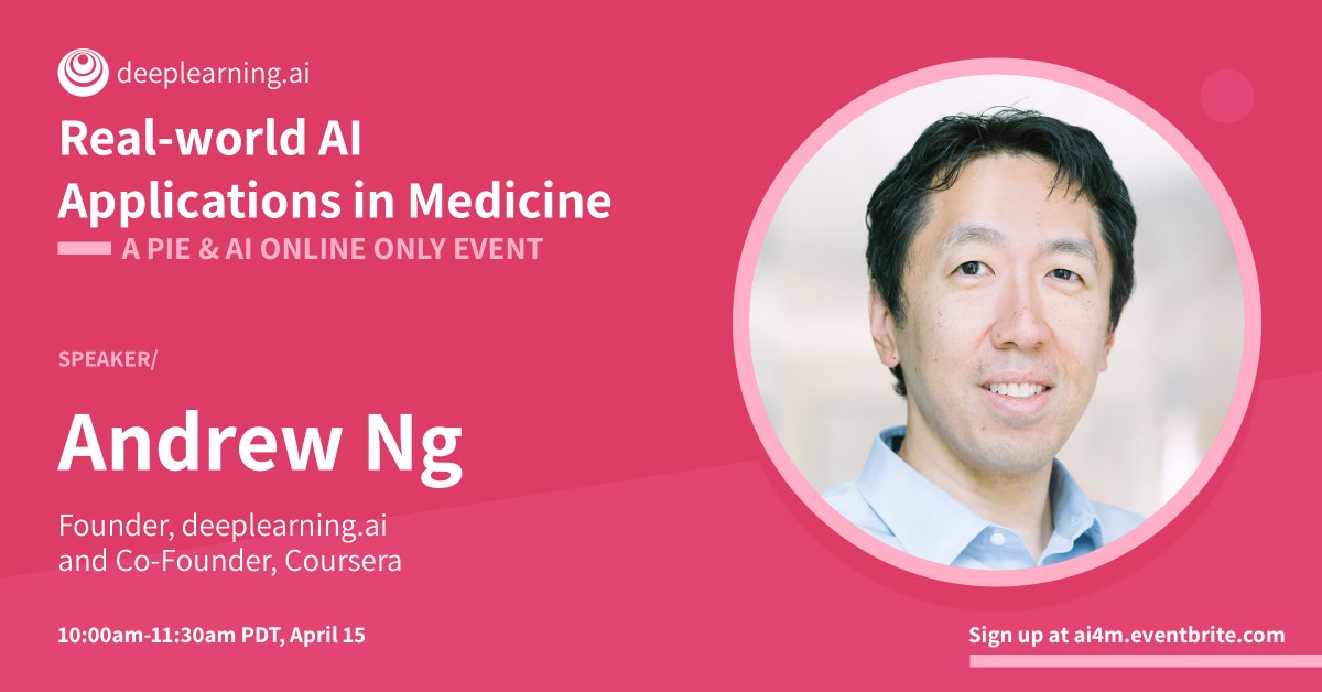 AndrewYNg's tweet image. In anticipation of @deeplearningai_‘s new AI For Medicine Specialization, I’ll be speaking at our online event with @EricTopol, @lhpeng, and @pranavrajpurkar about this fast-growing application area. You can register here: ai4m.eventbrite.com/?aff=dlai