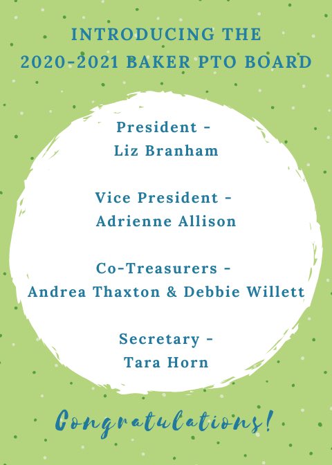 🦅 2020-2021 PTO Board 🦅 
Please congratulate the new Baker PTO Board, effective July 2020! They look forward to serving Baker alongside you next school year! 🦅