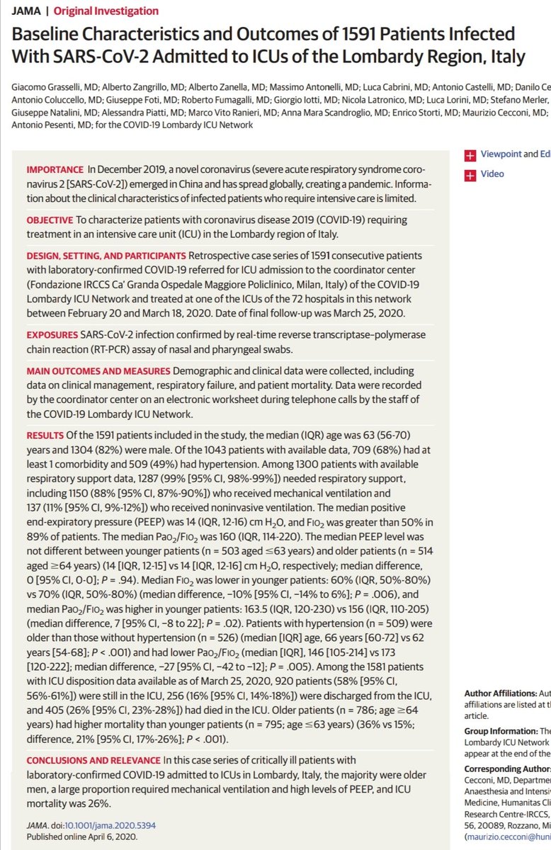 В JAMA опубликовали сегодня основные характеристики 1500+ пациентов из ОАИТ Италии: * всего 1591 пациент из 72 больниц * Средний возраст - 63 года * 82%!!! были мужчинами * 68% имели как минимум одну сопутствующую патологию * У 49% была гипертония  https://jamanetwork.com/journals/jama/fullarticle/2764365