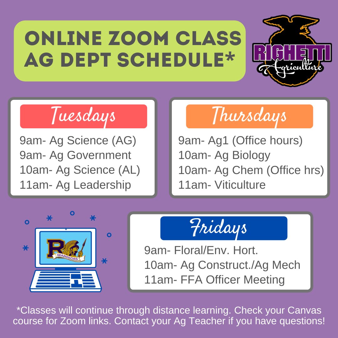 RighettiFFA's tweet photo. Righetti students! Ag Classes will continue through Zoom. Go to Canvas for your links to join 💜💛 #WARRIORS https://t.co/mN7V1mCnjN