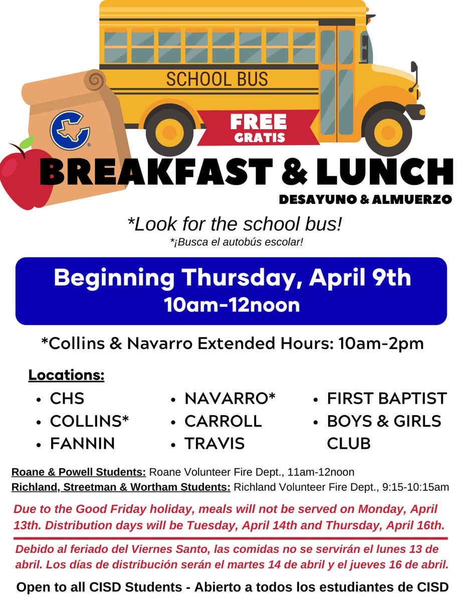 CorsicanaISD's tweet photo. Starting Thursday, April 9th, there will be 8 food distribution sites throughout the community. Please check the updated list. All CISD students are welcome to pick-up breakfast and lunch from ANY of these locations. Visit https://t.co/H3P9OXWGuv. #CorsicanaISD #StaySafe https://t.co/077goPYxoy