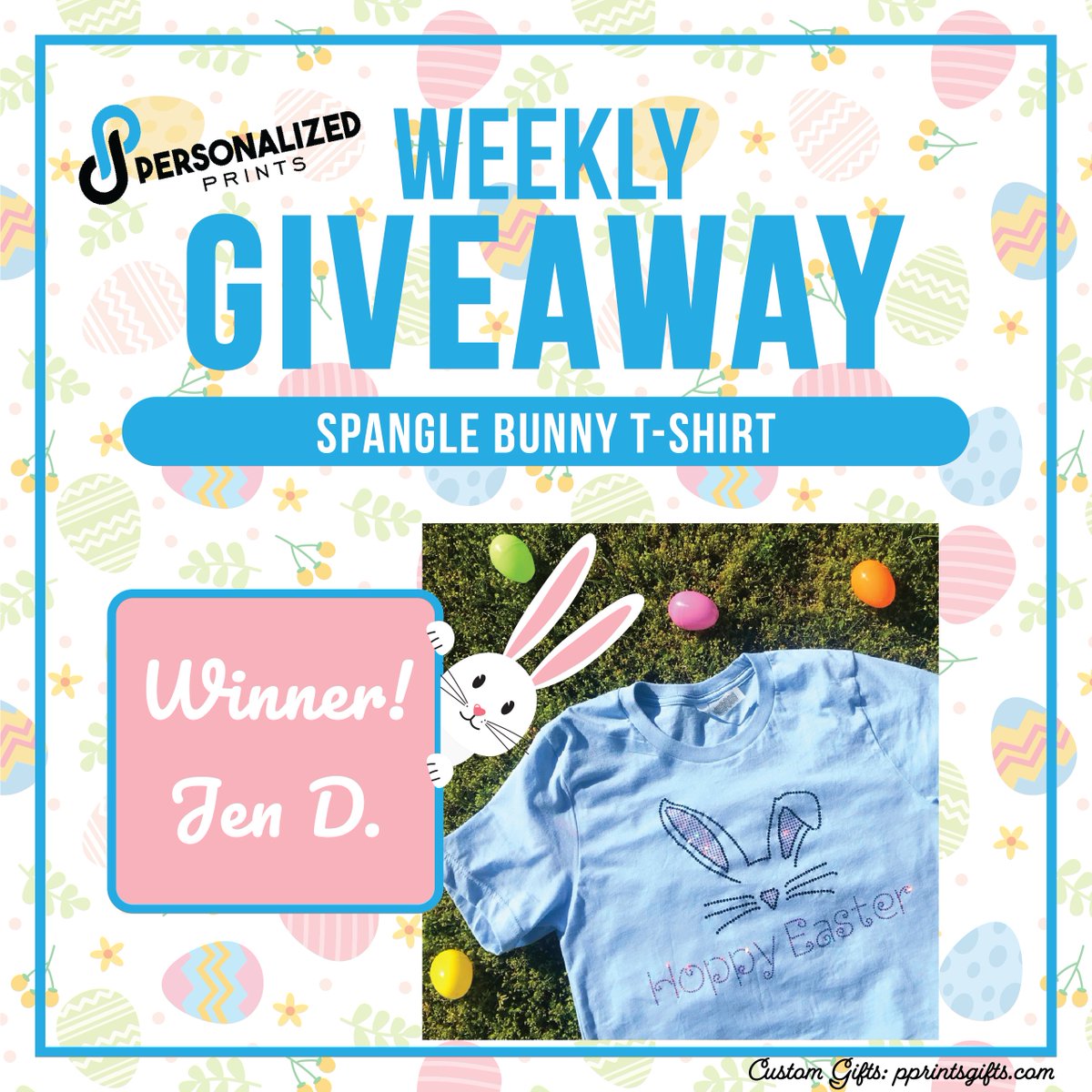 PersonalizedPr3's tweet photo. Congratulations to Jen D. winner of the Spangle Bunny T-Shirt Giveaway! Didn't win but still interested in getting your own shirt? Click here to shop now: https://t.co/j2m95R8BZZ https://t.co/6r1DTxJb8o