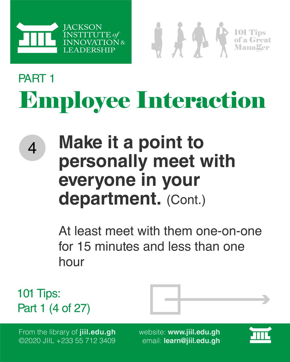 JiilEduGh's tweet image. 101 Tips of a Great Manager

#Tip4 #Slide2

#PersonallyMeetAllTheStaff
#101Tips #Manager #Employee #GreatManager #Leader #JIIL #LearnatJIIL #EmployeeInteraction #employer #workplace #LeadershipLessons #EmployeeEngagement #staff #StaffMeeting #OneOnOne