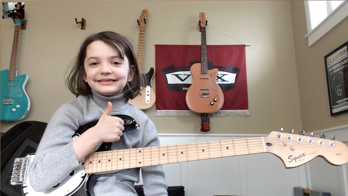 MGSGuitar's tweet photo. Mae shredding her guitar lesson with Alex the other day! 👍 Do you have any highlights for your remote lessons that you want to share? Use hashtag #RemoteLessonsROCK so we can check it out! #montavilla #stayhomesavelives https://t.co/MhpQaqQ8Ji