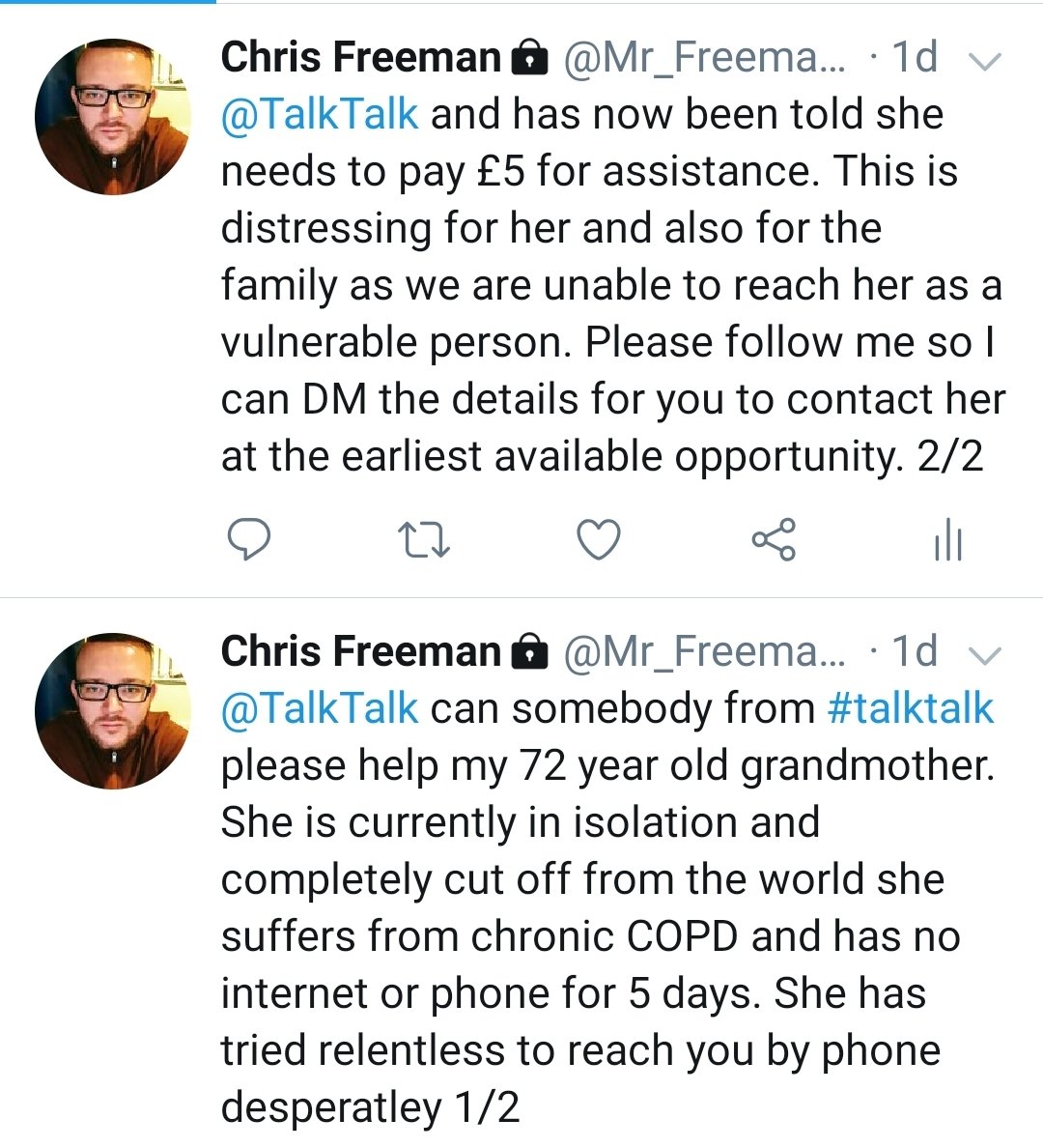 Mr_Freemano's tweet photo. @TalkTalk @piersmorgan Now 8 days with no response. Still no service and nobody from TalkTalk interested or able to help. Clearly acceptable to leave a elderly adult with COPD alone without internet or phone 4 over a week! #talktalk #coronavirus #talktalk #goodmorningbritain #gmb https://t.co/gjeYTUywju