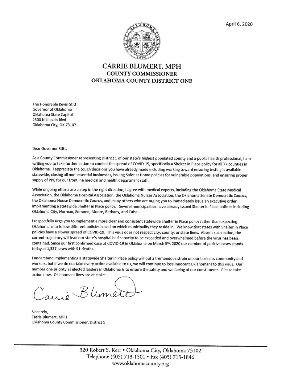 I am urging Governor Kevin Stitt to implement a statewide shelter in place order. Over 50 Oklahomans have been killed by COVID-19. We must do everything in our power to prevent any more deaths. #COVID19 #shelterinplace