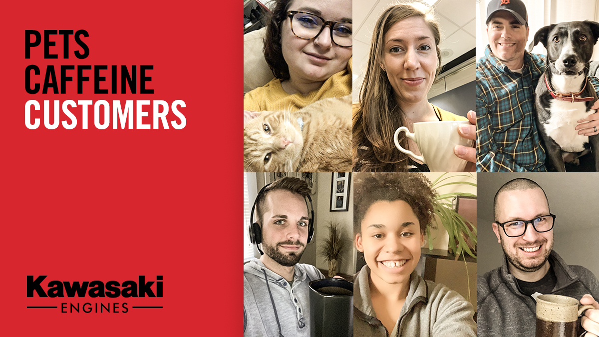 KAWPower's tweet image. Pets, Caffeine, Customers, Repeat. Our Kawasaki Engines Order Services Team is proud to serve from home with the same commitment and level of care as ever.