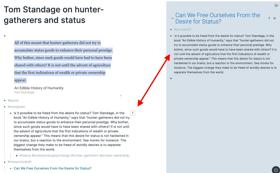 I then create one or more protodrafts that my future self might use, or resuse existing ones, using [[]]. I then tag that new page with  #protodraft and use (()) to replicate an evergreen note in a protodraft.