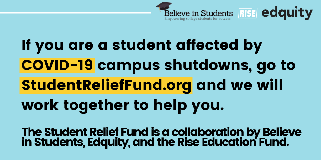 RiseFreeOrg's tweet photo. COVID-19 has caused campus shutdowns all over the country. If you are a student that has been affected, go to https://t.co/wi368NUC1b and we will work with you to find resources.

CC: @edquityapp @BelieveStudents https://t.co/uS60MgJi02